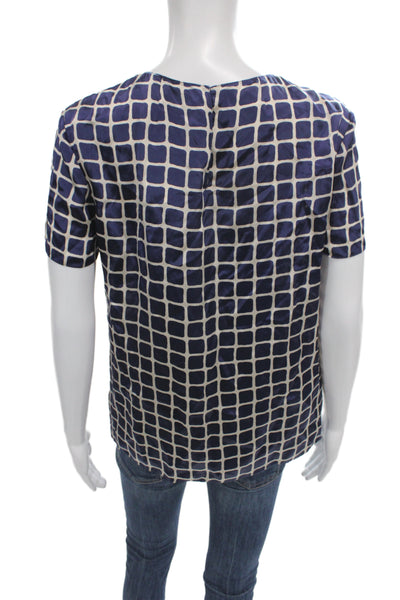 Theory Women Silk Blouse Dark Blue Geometric Short Sleeve Size S