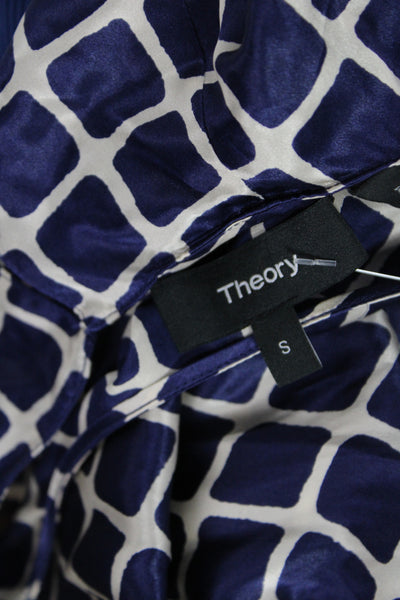 Theory Women Silk Blouse Dark Blue Geometric Short Sleeve Size S