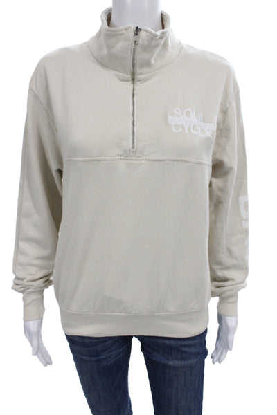 Soul Unisex Pullover Sweatshirt Beige Velvet Mock Neck Zip Long Sleeve Size S