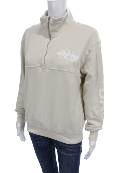 Soul Unisex Pullover Sweatshirt Beige Velvet Mock Neck Zip Long Sleeve Size S