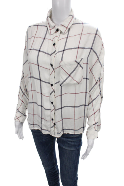 Rails Women Plaid Collared Button Up Blouse White Long Sleeve Petite Size S