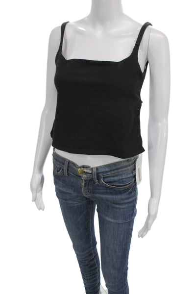 Reformation Womens Cropped Camisole Black Cotton Square Neck Button Size S
