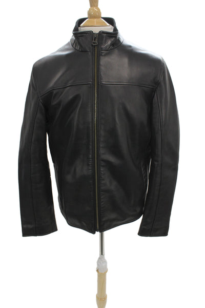 Cole Haan Mens Motorcycle Jacket Black Genuine Lambskin Zip High Neck Size L