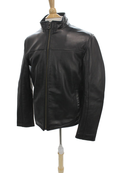 Cole Haan Mens Motorcycle Jacket Black Genuine Lambskin Zip High Neck Size L