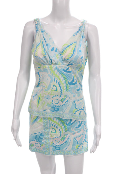 Elie Tahari Womens Silk Printed Robin Mini Skirt Set Blue Pink Size Medium/6
