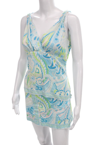 Elie Tahari Womens Silk Printed Robin Mini Skirt Set Blue Pink Size Medium/6