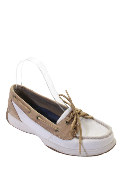 Sperry Top Sider Womens Leather Contrast Boat Shoes White Brown Size 8 Medium