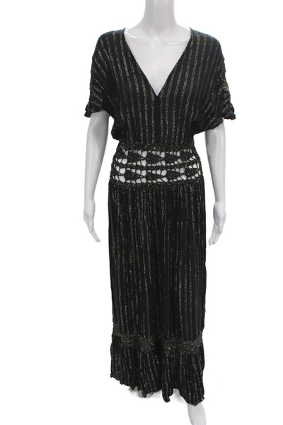 Ramy Brook Women Kaftan Maxi Dress Black Striped V-Neck Short Sleeve Size S
