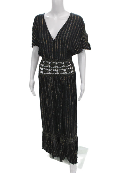 Ramy Brook Women Kaftan Maxi Dress Black Striped V-Neck Short Sleeve Size S