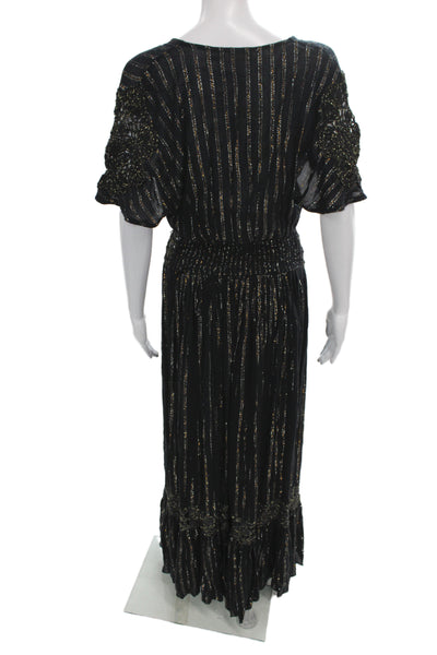 Ramy Brook Women Kaftan Maxi Dress Black Striped V-Neck Short Sleeve Size S
