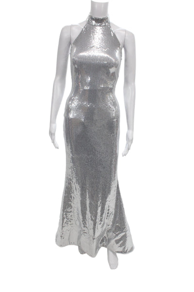 Christian Cowan Women Bodycon Maxi Dress Gray High Neck Sleeveless Size XS