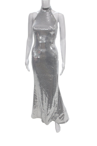 Christian Cowan Women Bodycon Maxi Dress Gray High Neck Sleeveless Size XS
