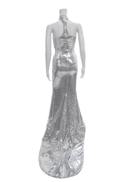 Christian Cowan Women Bodycon Maxi Dress Gray High Neck Sleeveless Size XS