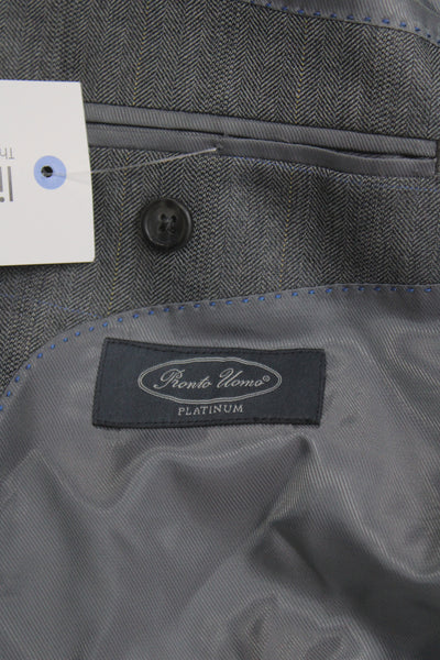Pronto Uomo Mens Gray Herringbone Wool Blend Suit Jacket Button Closure Size 46