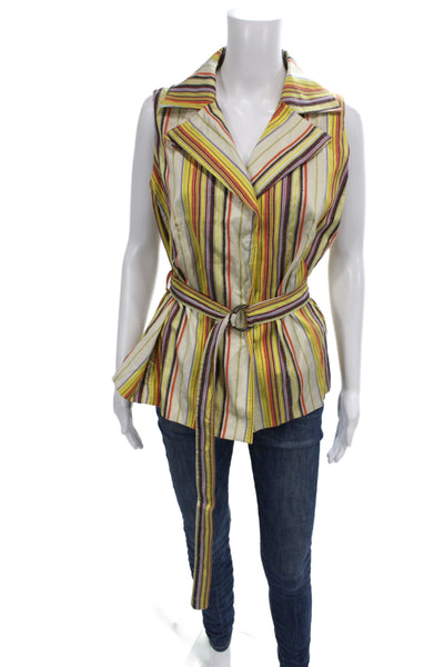 Akris Punto Women Yellow Striped Silk Collared Sleeveless Blouse Size 14