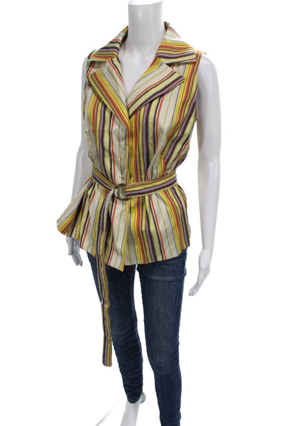 Akris Punto Women Yellow Striped Silk Collared Sleeveless Blouse Size 14