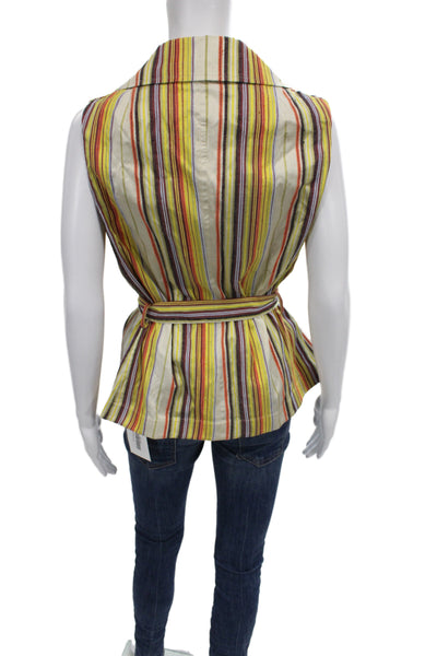 Akris Punto Women Yellow Striped Silk Collared Sleeveless Blouse Size 14