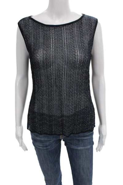 Escada Women Black Silk Herringbone Sleeveless Round Neck Tank Size 38