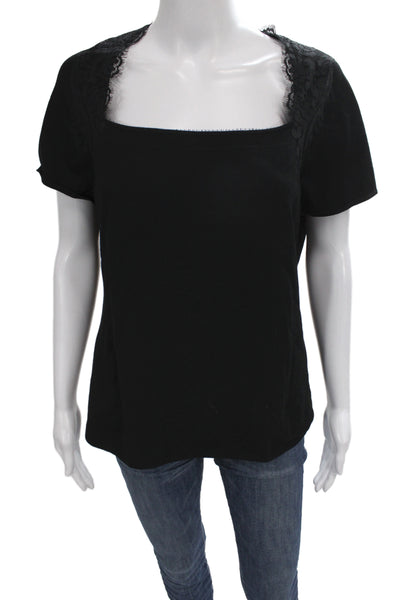 Elie Tahari Women Black Lace Cotton Square Neck Short Sleeve Blouse Size M