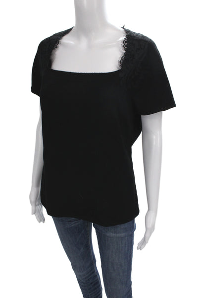 Elie Tahari Women Black Lace Cotton Square Neck Short Sleeve Blouse Size M