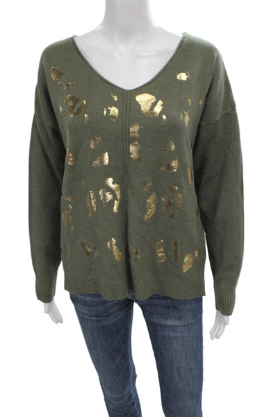 Flora Ashley Unisex Green V-Neck Long Sleeve Pullover Sweater Army Size S