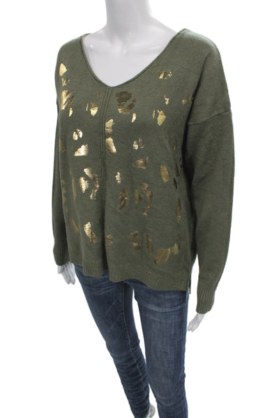Flora Ashley Unisex Green V-Neck Long Sleeve Pullover Sweater Army Size S