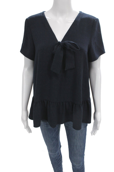 Sezane Women Dark Blue Silk V-Neck Tie Tunic Short Sleeve Size 42
