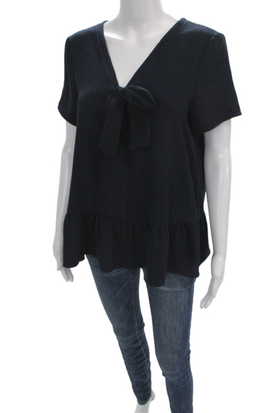 Sezane Women Dark Blue Silk V-Neck Tie Tunic Short Sleeve Size 42