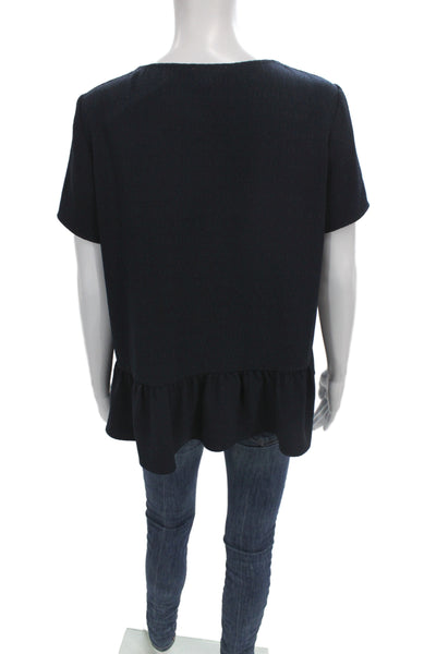 Sezane Women Dark Blue Silk V-Neck Tie Tunic Short Sleeve Size 42