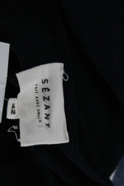 Sezane Women Dark Blue Silk V-Neck Tie Tunic Short Sleeve Size 42