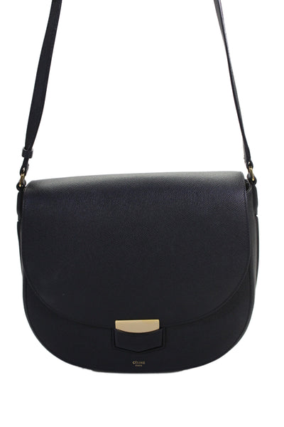 Celine Womens Leather Gold Tone Flap Crossbody Shoulder Handbag Black