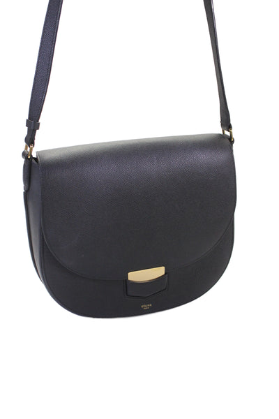 Celine Womens Leather Gold Tone Flap Crossbody Shoulder Handbag Black