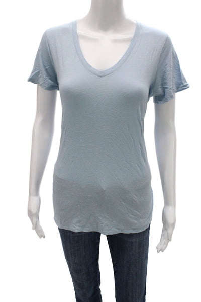 Vince Womens Basic V-Neck Light Blue Short Sleeve T-Shirt Size M