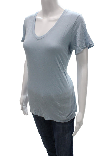 Vince Womens Basic V-Neck Light Blue Short Sleeve T-Shirt Size M