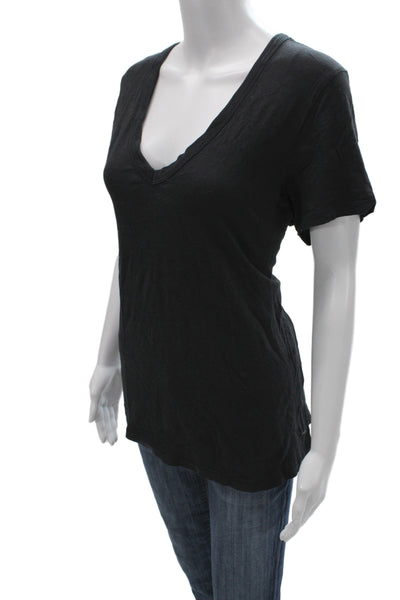 Rag & Bone Women Black Basic V-Neck Pima Cotton T-Shirt Short Sleeve Size L