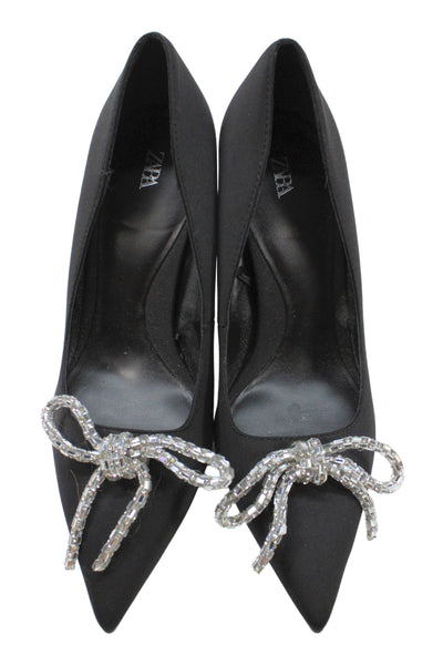 Zara Women's Pointed Toe Embellish Stiletto Shoes Black Size 39