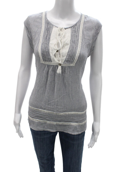 Daniel Rainn Women Tunic Striped Blue Sleeveless Cotton Drawstring Boho Size M