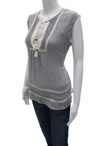 Daniel Rainn Women Tunic Striped Blue Sleeveless Cotton Drawstring Boho Size M