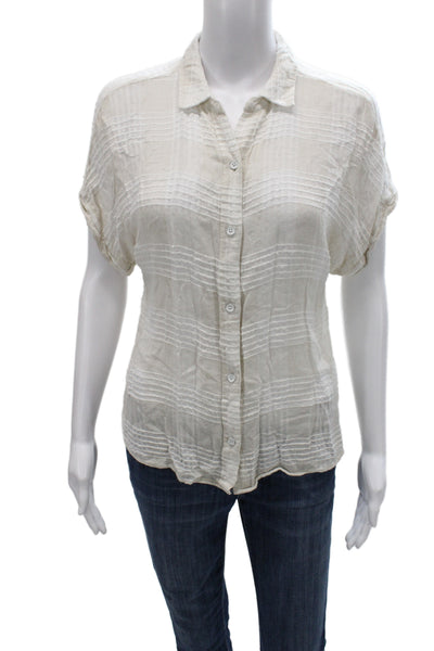 Cloth & Stone Women Collared Short Sleeve Striped Button-Up Blouse Beige Size S