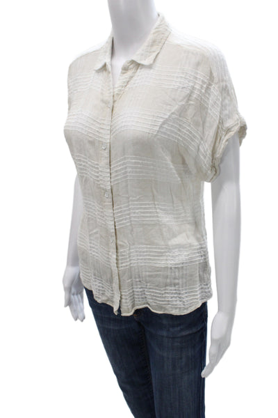 Cloth & Stone Women Collared Short Sleeve Striped Button-Up Blouse Beige Size S