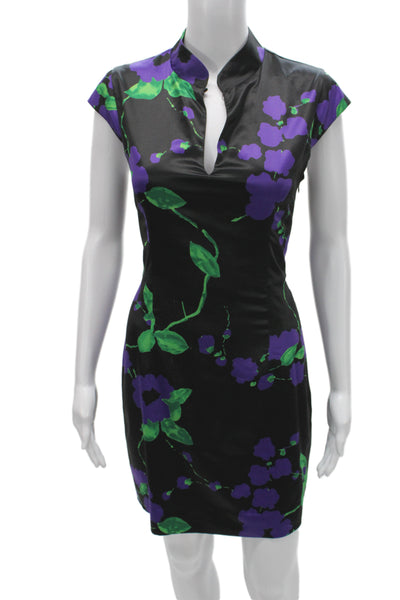 Milly Women Sheath Mini Floral Collared Short Sleeve Black Dress Size 8