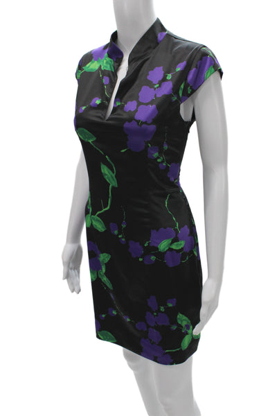 Milly Women Sheath Mini Floral Collared Short Sleeve Black Dress Size 8