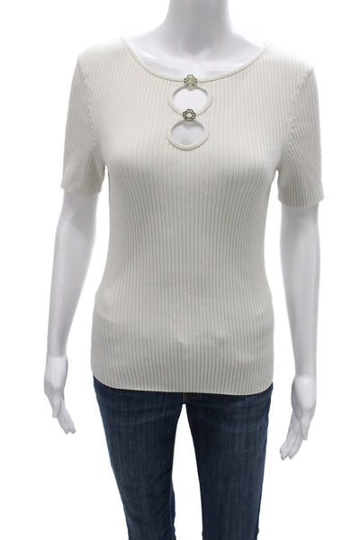 Maje Women White Striped T-Shirt Short Sleeve Round Neck Size 3