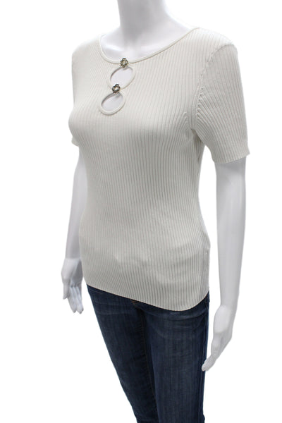 Maje Women White Striped T-Shirt Short Sleeve Round Neck Size 3