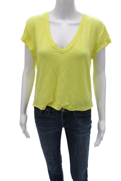 Chaser Womens Cropped V-Neck Short Sleeve T-Shirt Yellow Linen Blend Size S