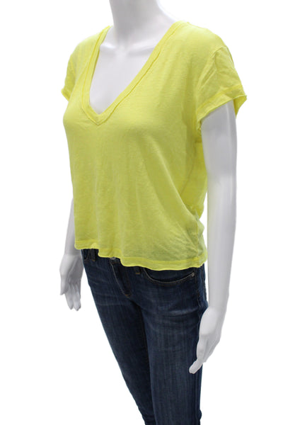 Chaser Womens Cropped V-Neck Short Sleeve T-Shirt Yellow Linen Blend Size S