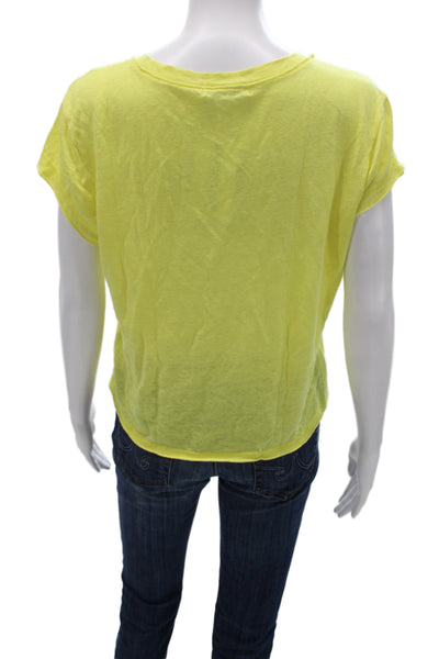 Chaser Womens Cropped V-Neck Short Sleeve T-Shirt Yellow Linen Blend Size S
