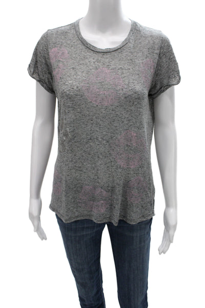 Lauren Moshi Women Gray Floral Cotton Jersey Basic Short Sleeve T-Shirt Size S