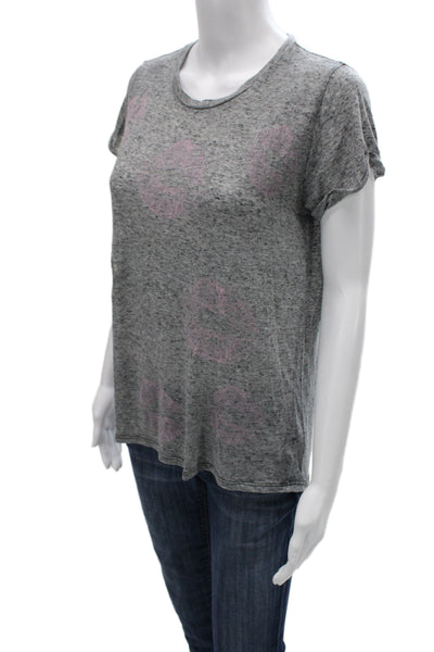 Lauren Moshi Women Gray Floral Cotton Jersey Basic Short Sleeve T-Shirt Size S