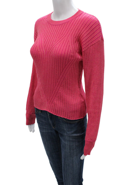 More To Come Womens Pullover Sweater Pink Striped Crew Neck Long Sleeve Size S